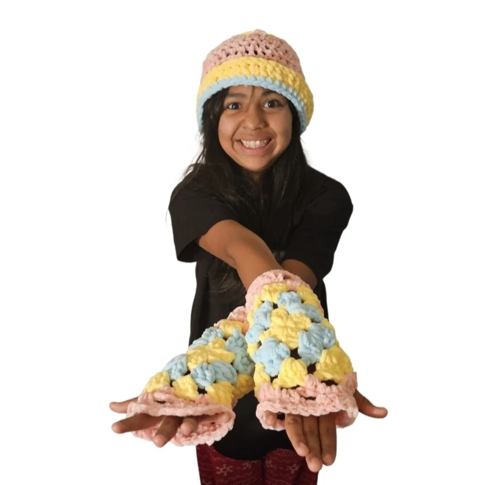Handmade Pastel Crochet Beanie Wrist Warmers Set Pink Yellow Blue Hand Knit - Picture 9 of 16